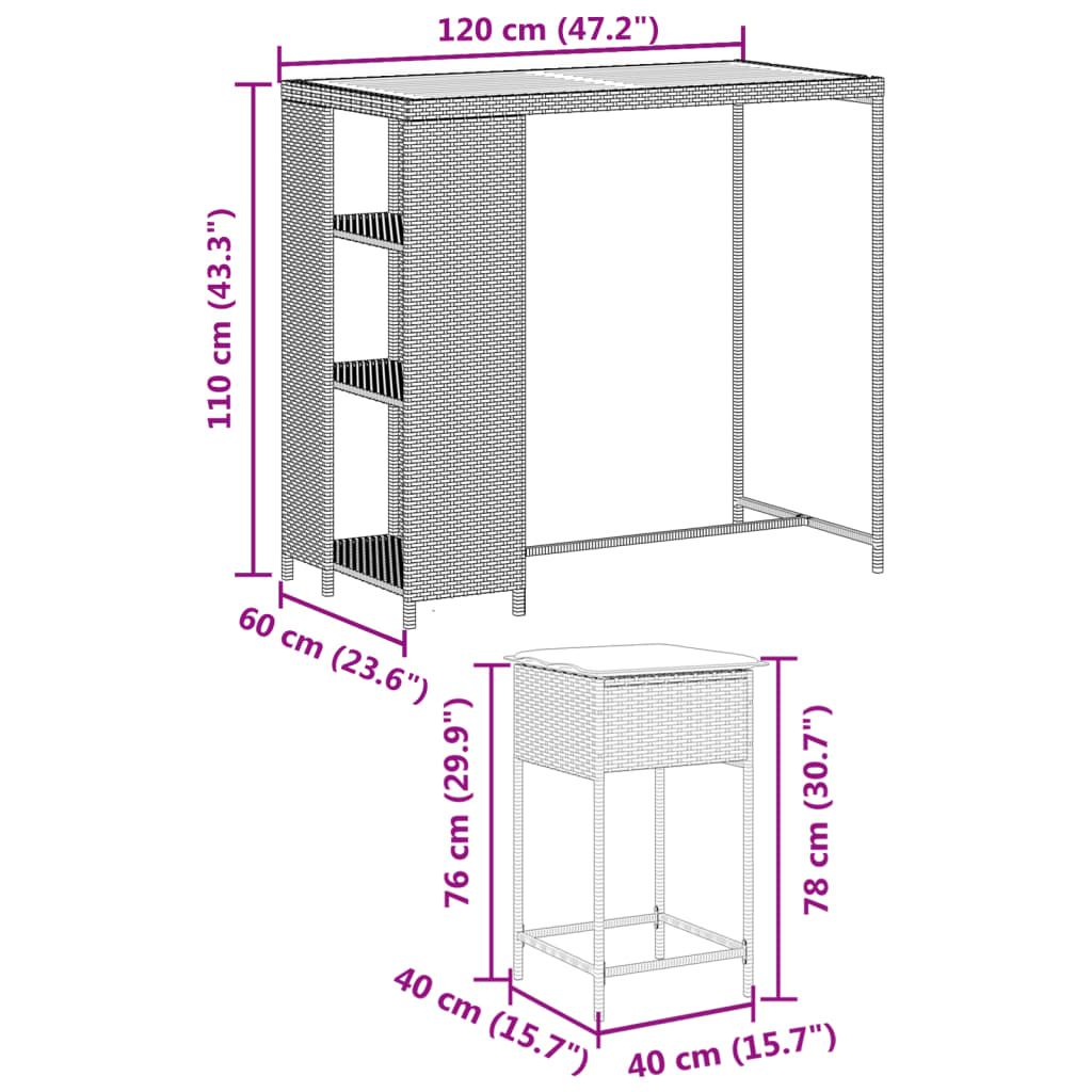 5 pcs conjunto de bar p/ jardim c/ almofadões vime PE preto