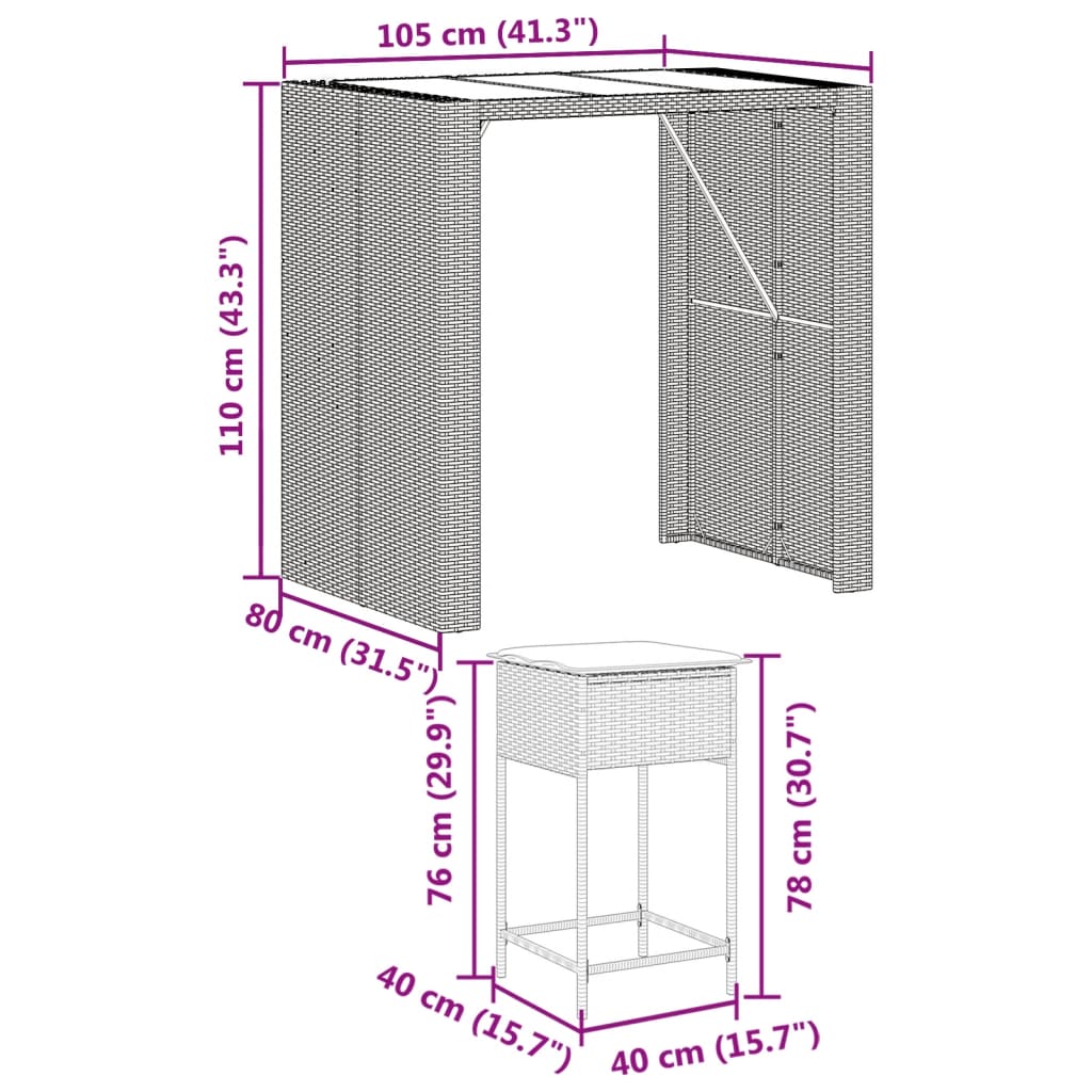 5 pcs conjunto de bar p/ jardim c/ almofadões vime PE castanho