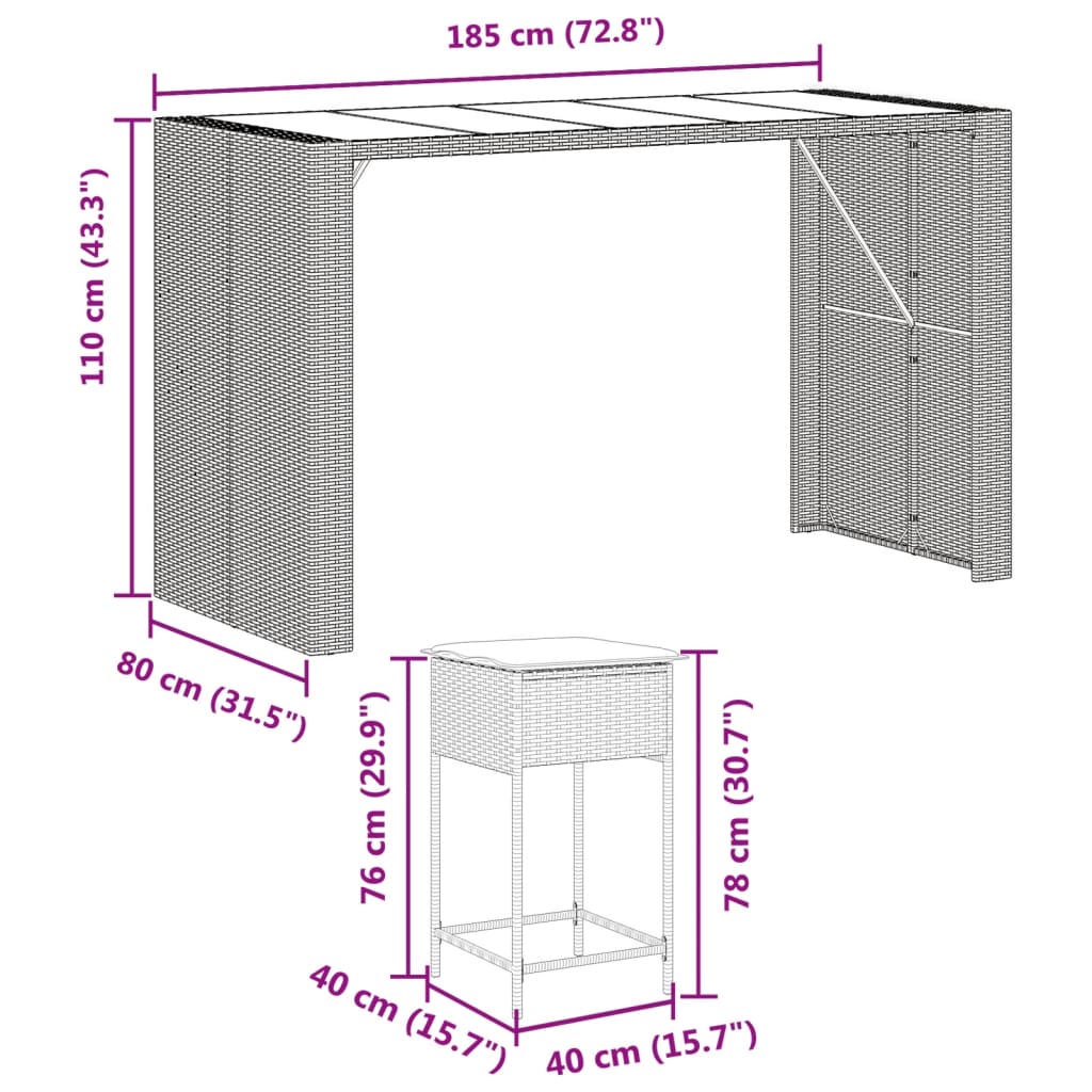 9 pcs conjunto de bar p/ jardim c/ almofadões vime PE castanho