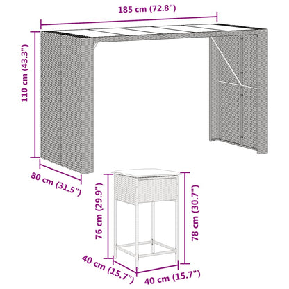 9 pcs conjunto de bar p/ jardim c/ almofadões vime PE cinzento