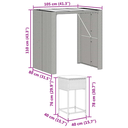 5 pcs conjunto de bar p/ jardim c/ almofadões vime PE cinzento