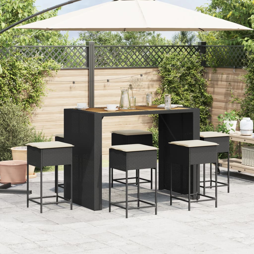 7 pcs conjunto de bar para jardim c/ almofadões vime PE preto