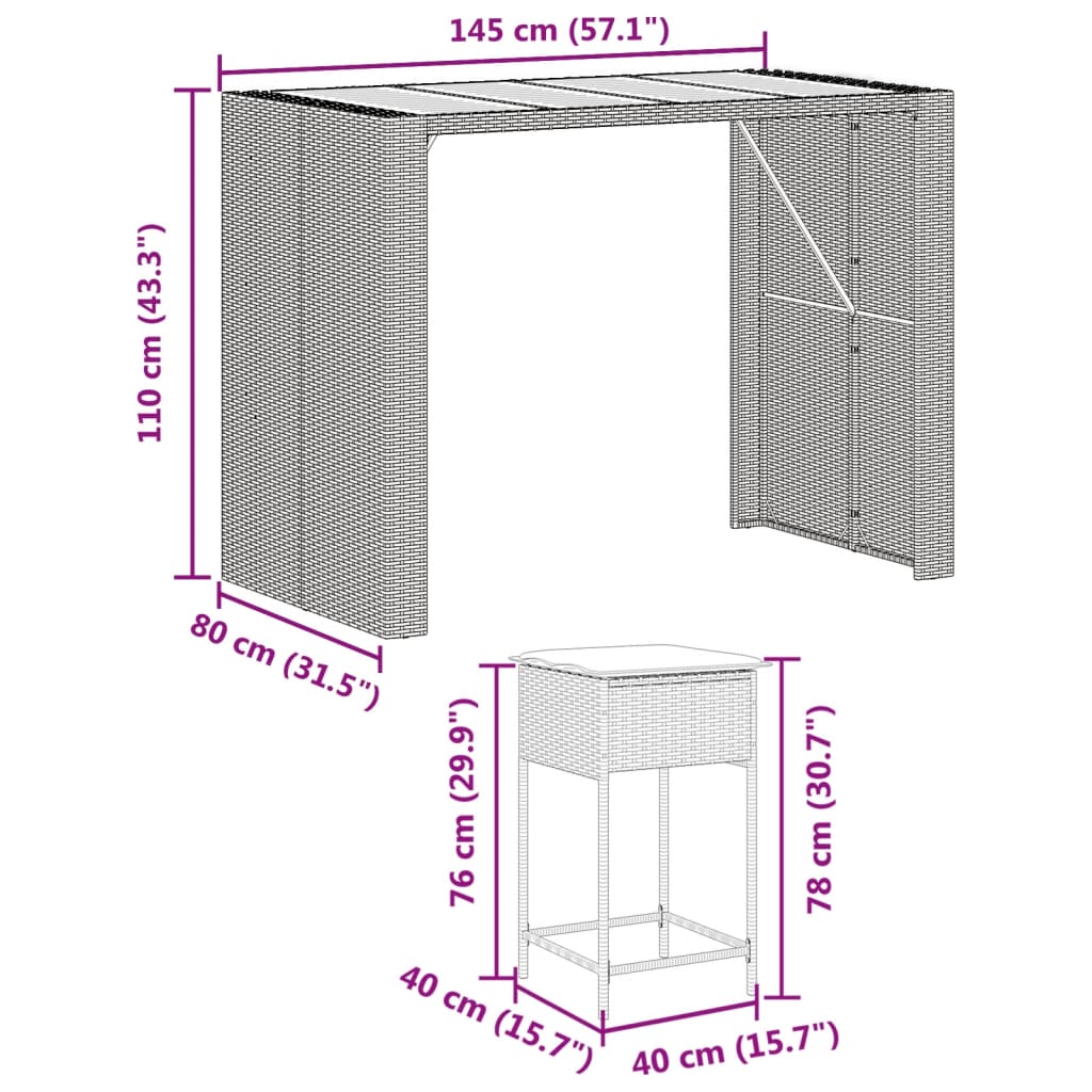 7 pcs conjunto de bar para jardim c/ almofadões vime PE preto