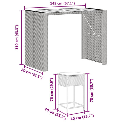 7 pcs conjunto de bar para jardim c/ almofadões vime PE preto