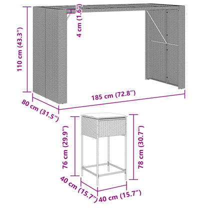 9 pcs conjunto de bar p/ jardim c/ almofadões vime PE cinzento