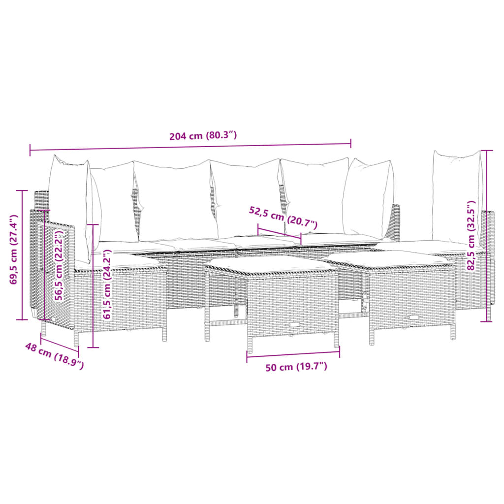 5 pcs conjunto sofás de jardim c/ almofadões vime PE cinzento