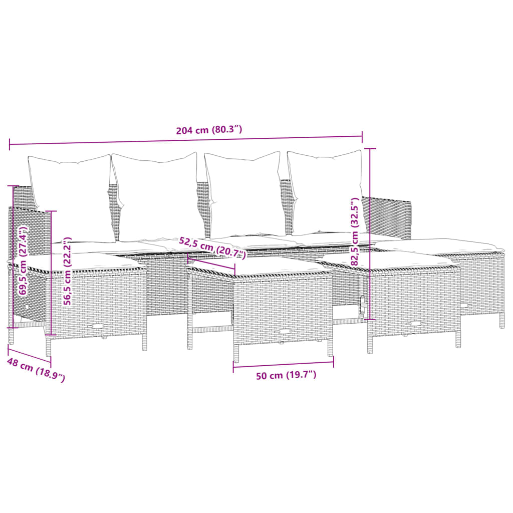 5 pcs conjunto sofás p/ jardim c/ almofadões vime PE castanho