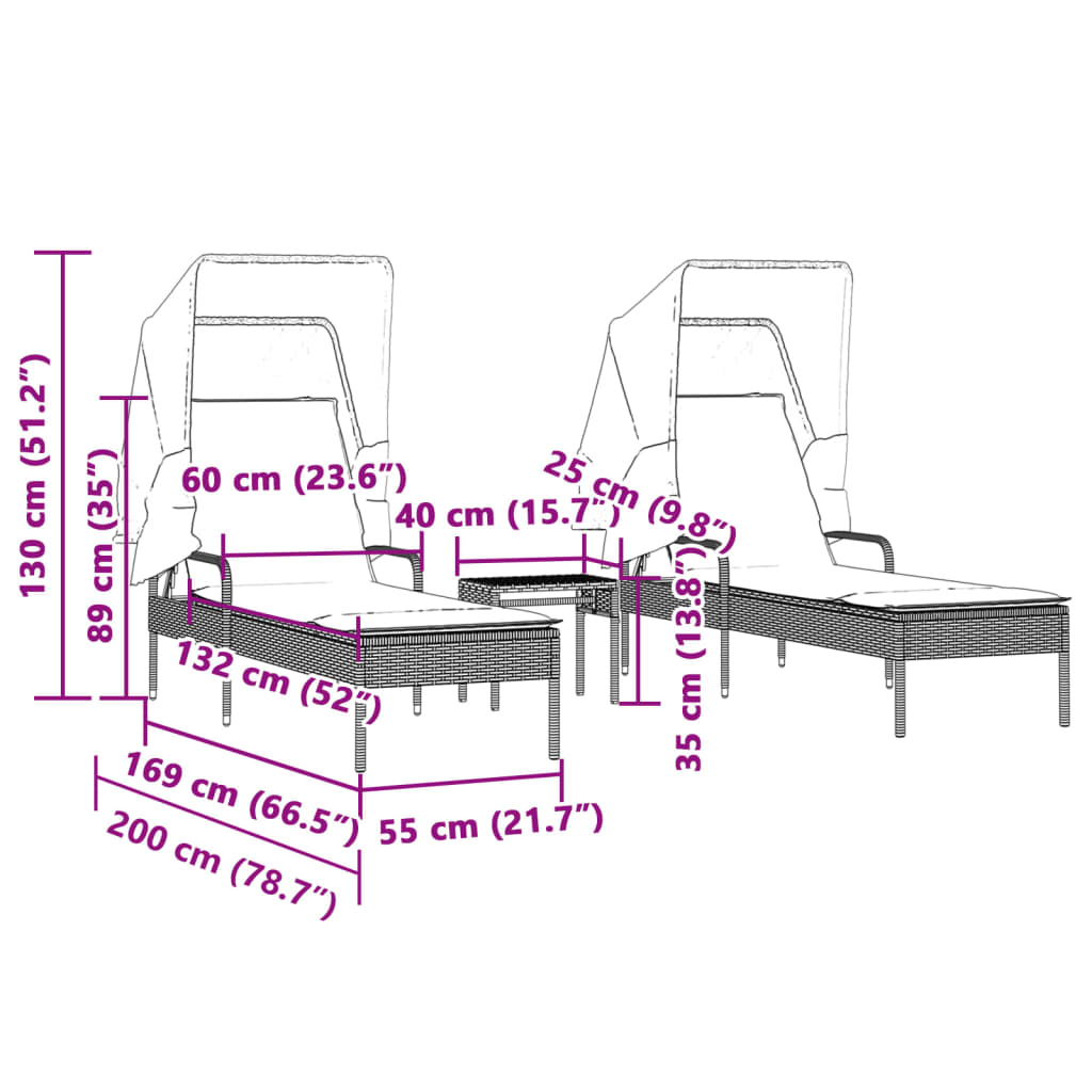 Espreguiçadeiras com toldos e mesa 2 pcs vime PE preto