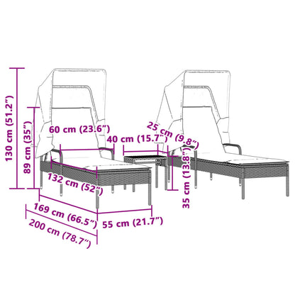 Espreguiçadeiras com toldos e mesa 2 pcs vime PE preto