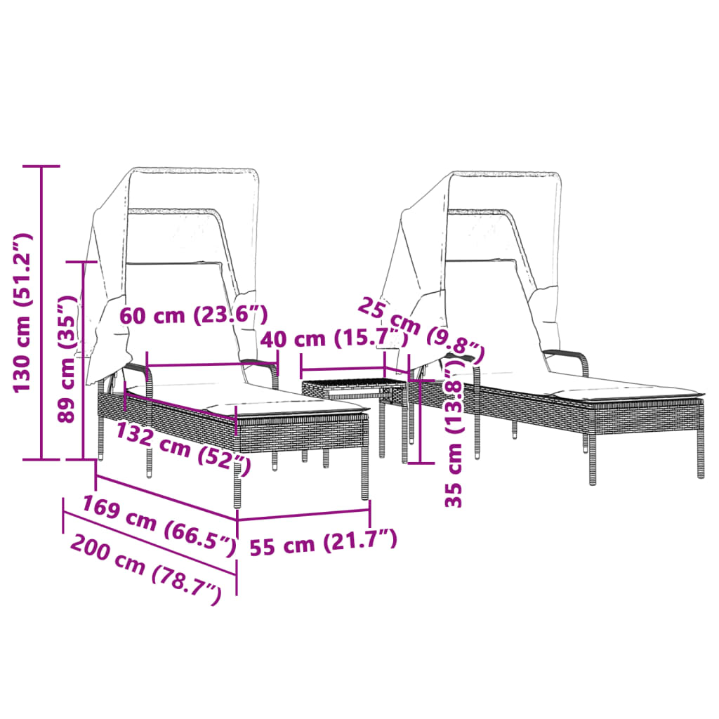 Espreguiçadeiras com toldos e mesa 2 pcs vime PE castanho