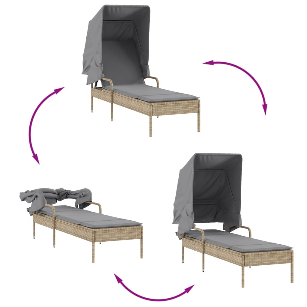 Espreguiçadeiras com toldos e mesa 2 pcs vime PE bege