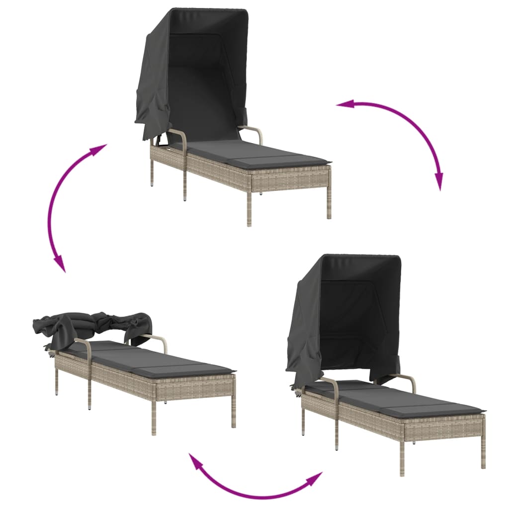 Espreguiçadeiras com toldos e mesa 2 pcs vime PE cinzento-claro