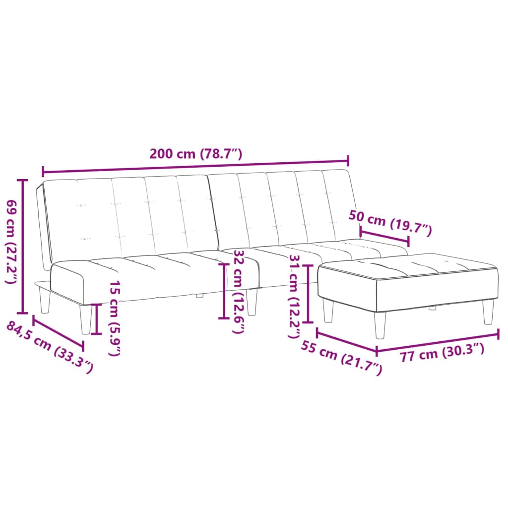 Sofá-cama 2 lugares c/ apoio de pés veludo cinza-claro