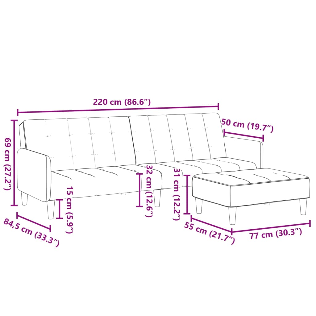 Sofá-cama 2 lugares c/ apoio de pés veludo amarelo