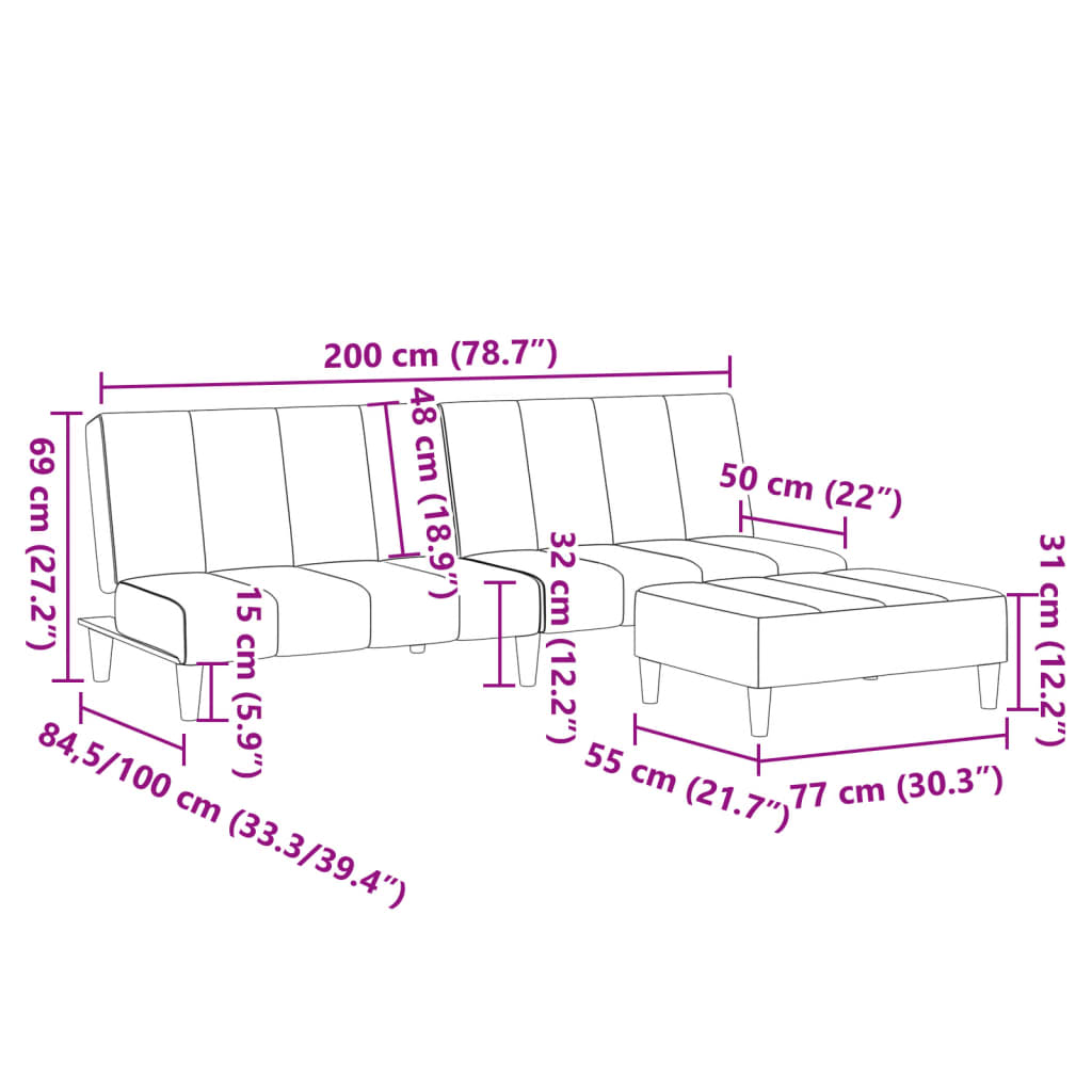 Sofá-cama de 2 lugares c/ apoio de pés tecido cinzento-claro