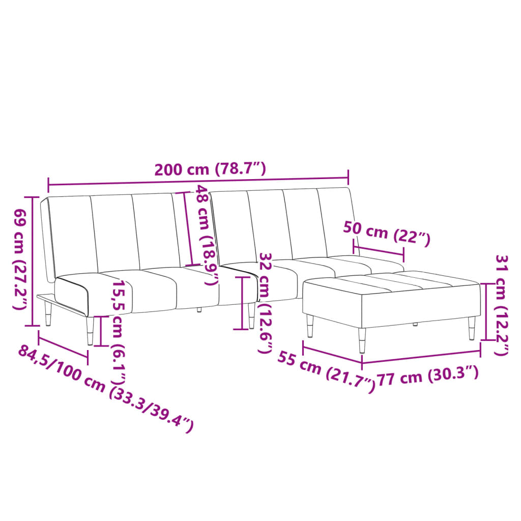 Sofá-cama 2 lugares c/ apoio de pés veludo cinza-claro