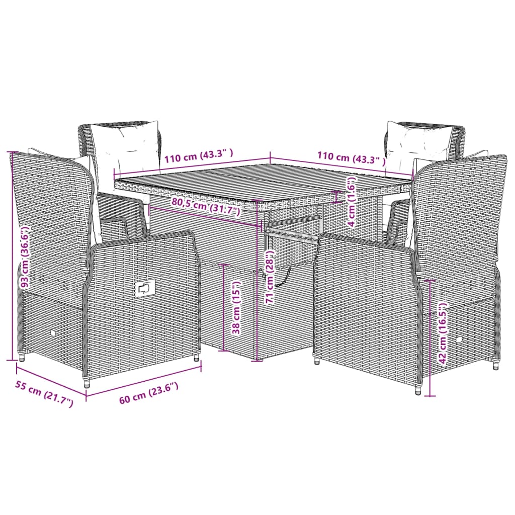 5 pcs conjunto de jantar p/ jardim c/ almofadões vime PE cinza