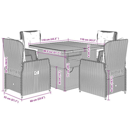 5 pcs conjunto de jantar p/ jardim c/ almofadões vime PE cinza