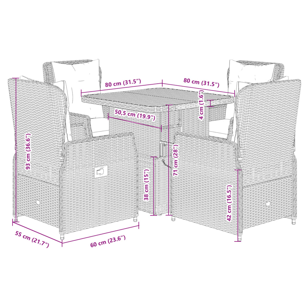 5 pcs conjunto de jantar p/ jardim com almofadões vime PE bege