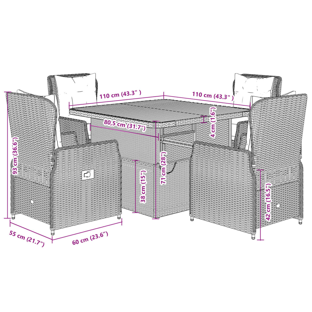 5 pcs conjunto de jantar p/ jardim com almofadões vime PE bege