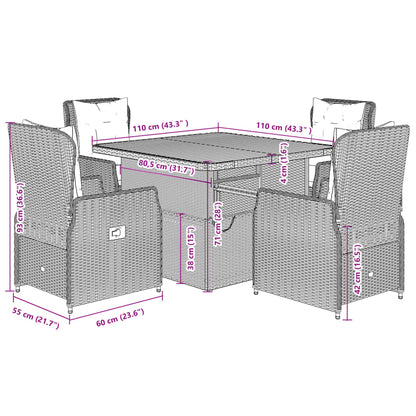 5 pcs conjunto de jantar p/ jardim com almofadões vime PE bege