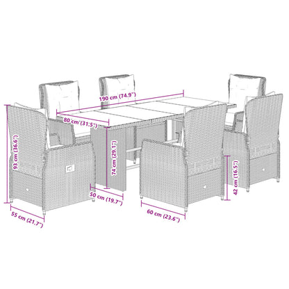 7 pcs conjunto de jantar p/ jardim c/ almofadões vime PE cinza