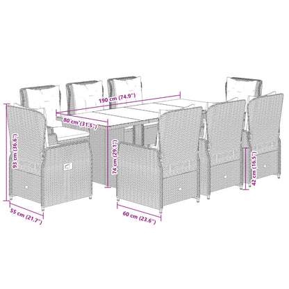 9 pcs conjunto de jantar p/ jardim c/ almofadões vime PE cinza