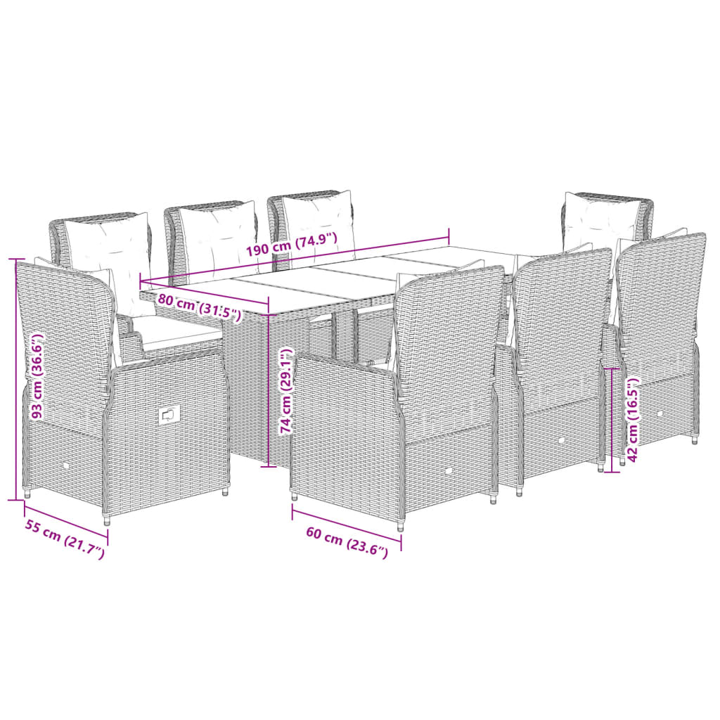 9 pcs conjunto de jantar p/ jardim com almofadões vime PE bege