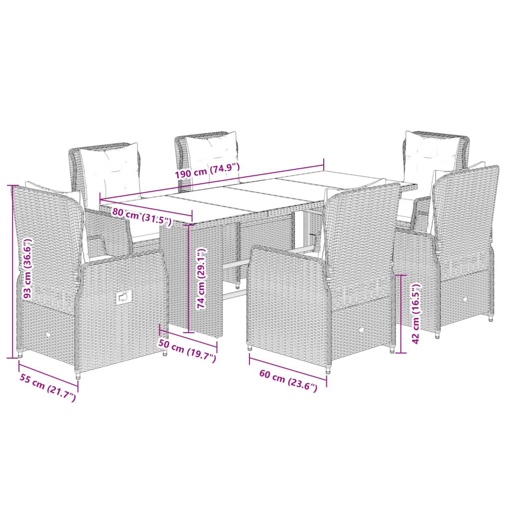 7 pcs conjunto de jantar p/ jardim com almofadões vime PE bege