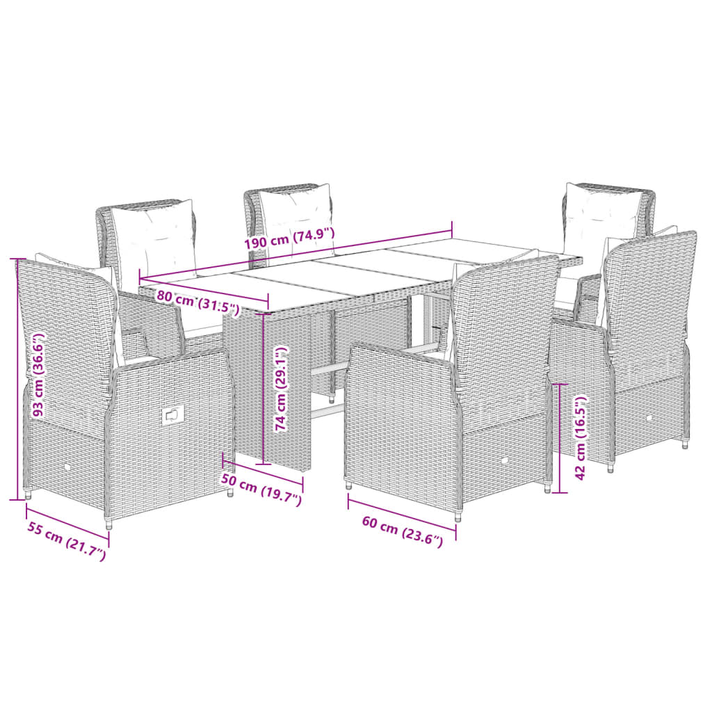 7 pcs conj. jantar p/ jardim c/ almofadões vime PE cinza-claro