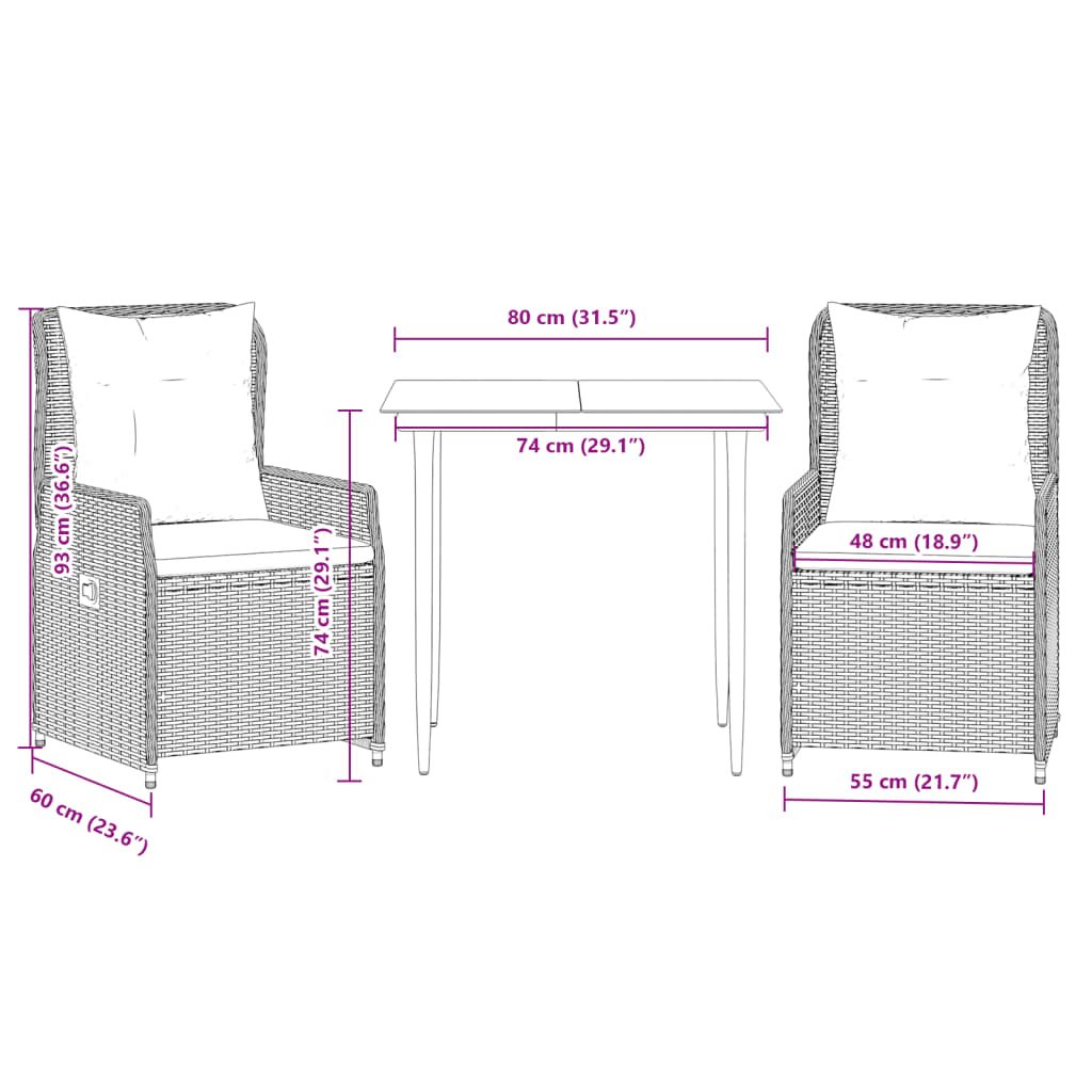 3 pcs conjunto de jantar p/ jardim c/ almofadões vime PE preto