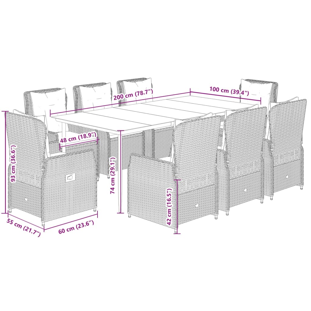 9 pcs conjunto jantar p/ jardim c/ almofadões vime PE castanho