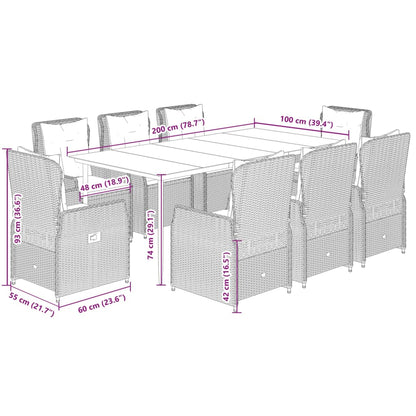 9 pcs conjunto jantar p/ jardim c/ almofadões vime PE castanho