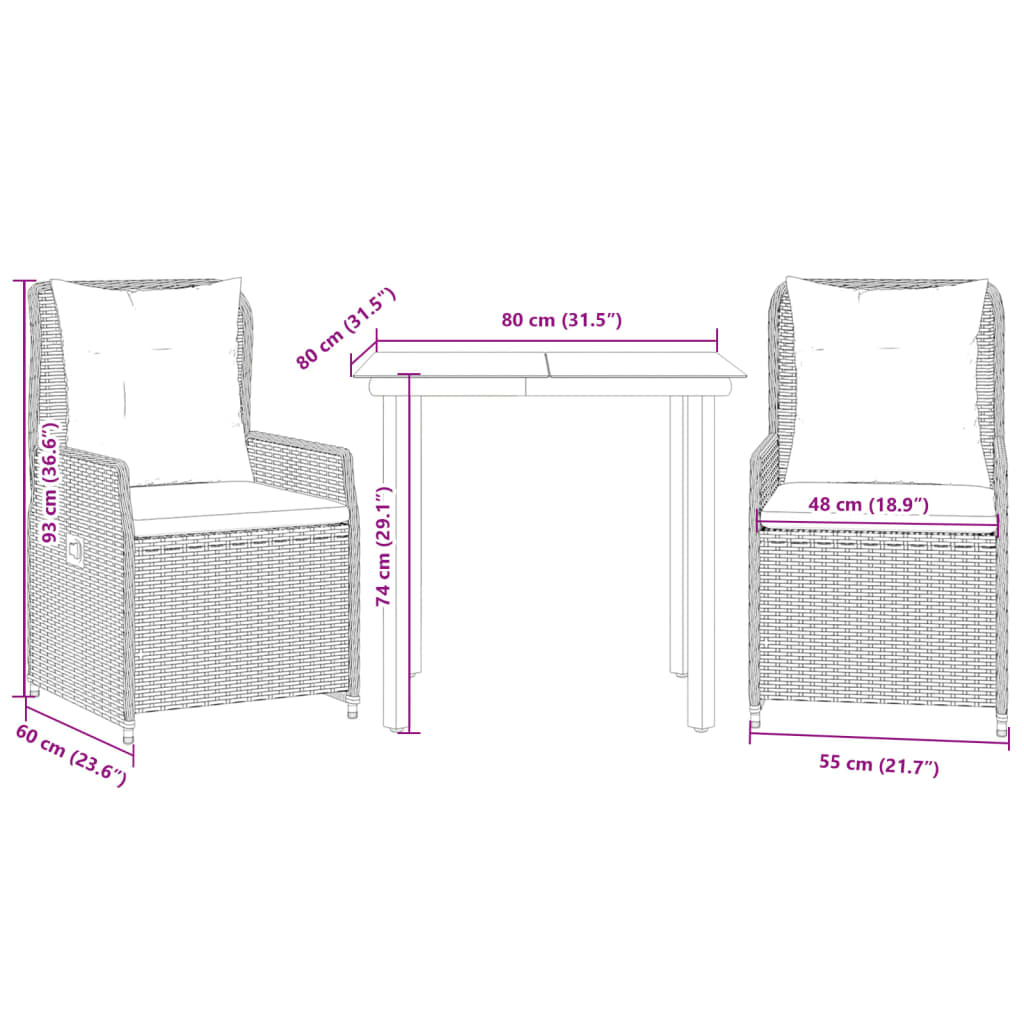 3 pcs conjunto jantar p/ jardim c/ almofadões vime PE castanho