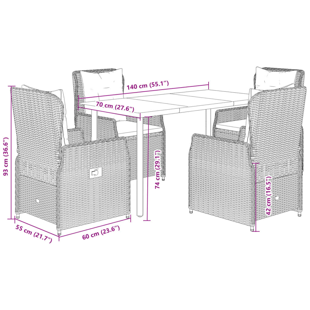 5 pcs conjunto jantar p/ jardim c/ almofadões vime PE castanho