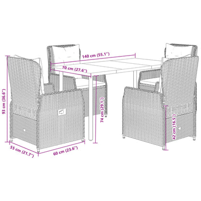 5 pcs conjunto jantar p/ jardim c/ almofadões vime PE castanho