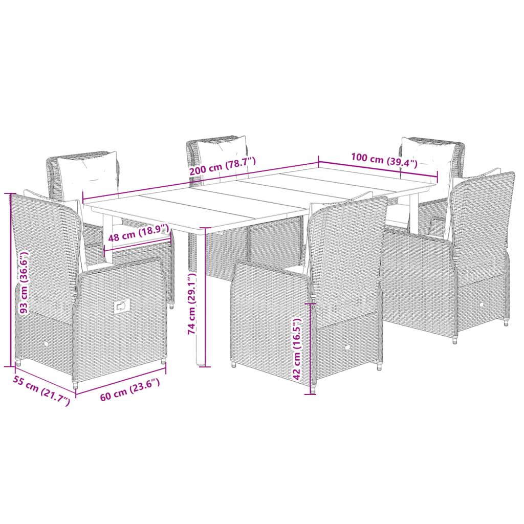 7 pcs conjunto jantar p/ jardim c/ almofadões vime PE castanho