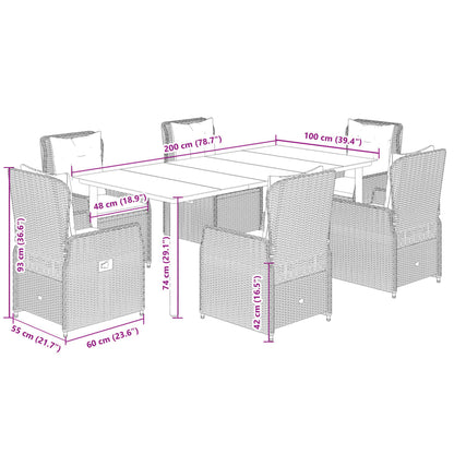 7 pcs conjunto jantar p/ jardim c/ almofadões vime PE castanho