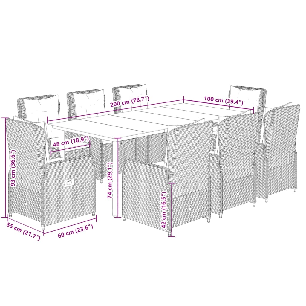 9 pcs conjunto jantar p/ jardim c/ almofadões vime PE castanho