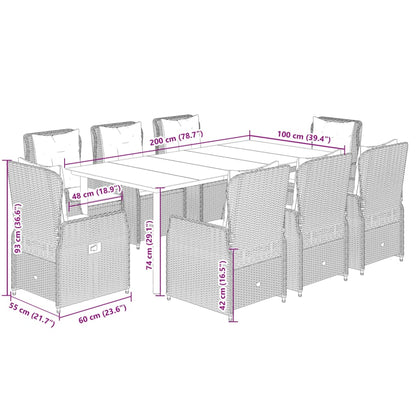 9 pcs conjunto jantar p/ jardim c/ almofadões vime PE castanho