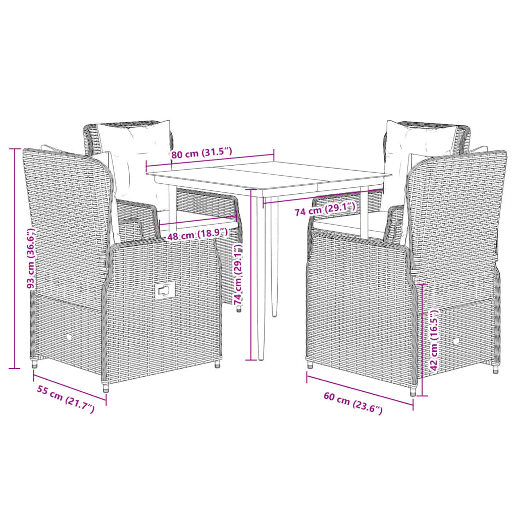 5 pcs conjunto de jantar p/ jardim c/ almofadões vime PE cinza