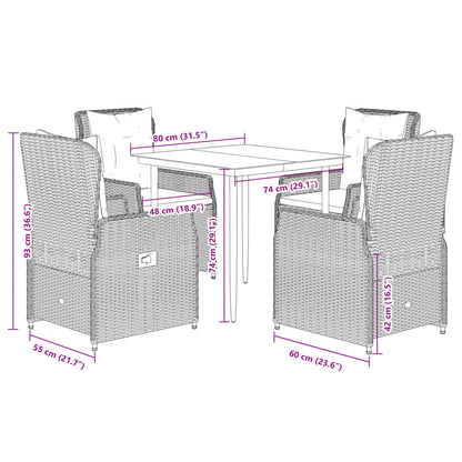 5 pcs conjunto de jantar p/ jardim c/ almofadões vime PE cinza