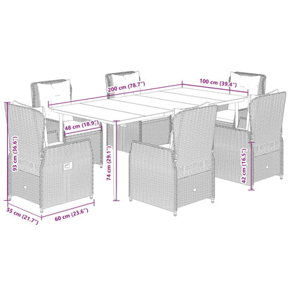 7 pcs conjunto de jantar p/ jardim c/ almofadões vime PE cinza