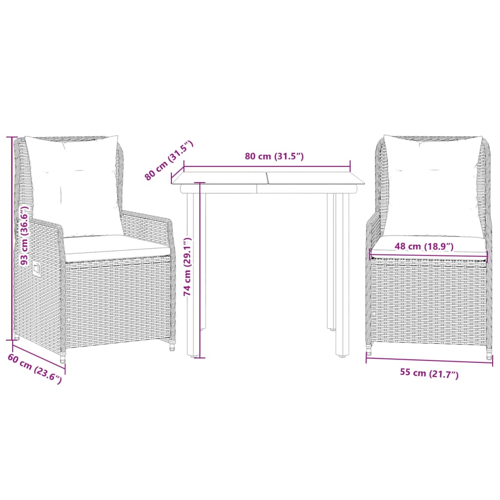 3 pcs conjunto de jantar p/ jardim c/ almofadões vime PE cinza