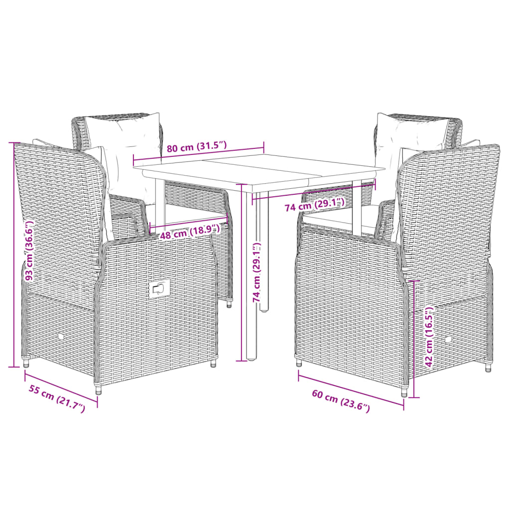 5 pcs conjunto de jantar p/ jardim c/ almofadões vime PE cinza