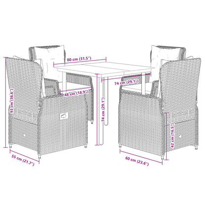 5 pcs conjunto de jantar p/ jardim c/ almofadões vime PE cinza