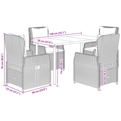 5 pcs conjunto de jantar p/ jardim c/ almofadões vime PE cinza