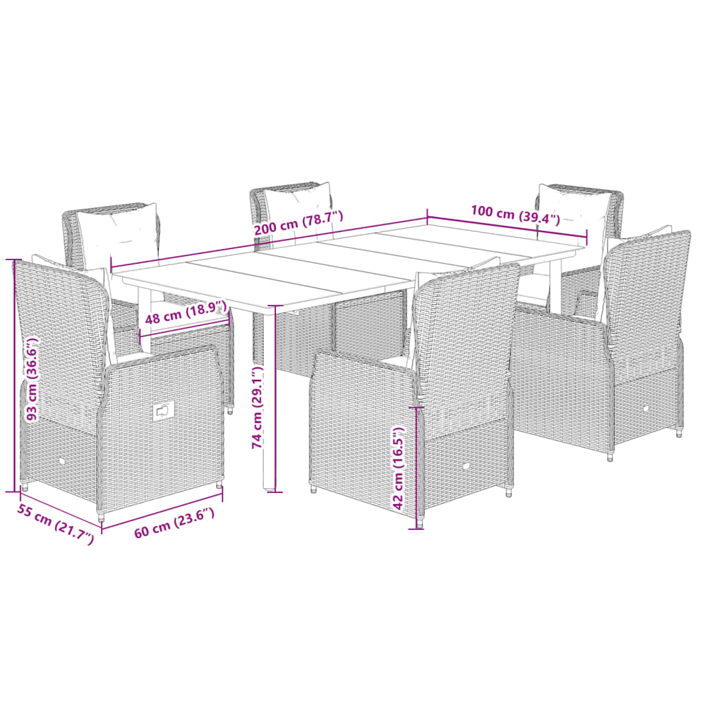 7 pcs conjunto de jantar p/ jardim c/ almofadões vime PE cinza