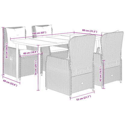 5 pcs conjunto de jantar p/ jardim com almofadões vime PE bege