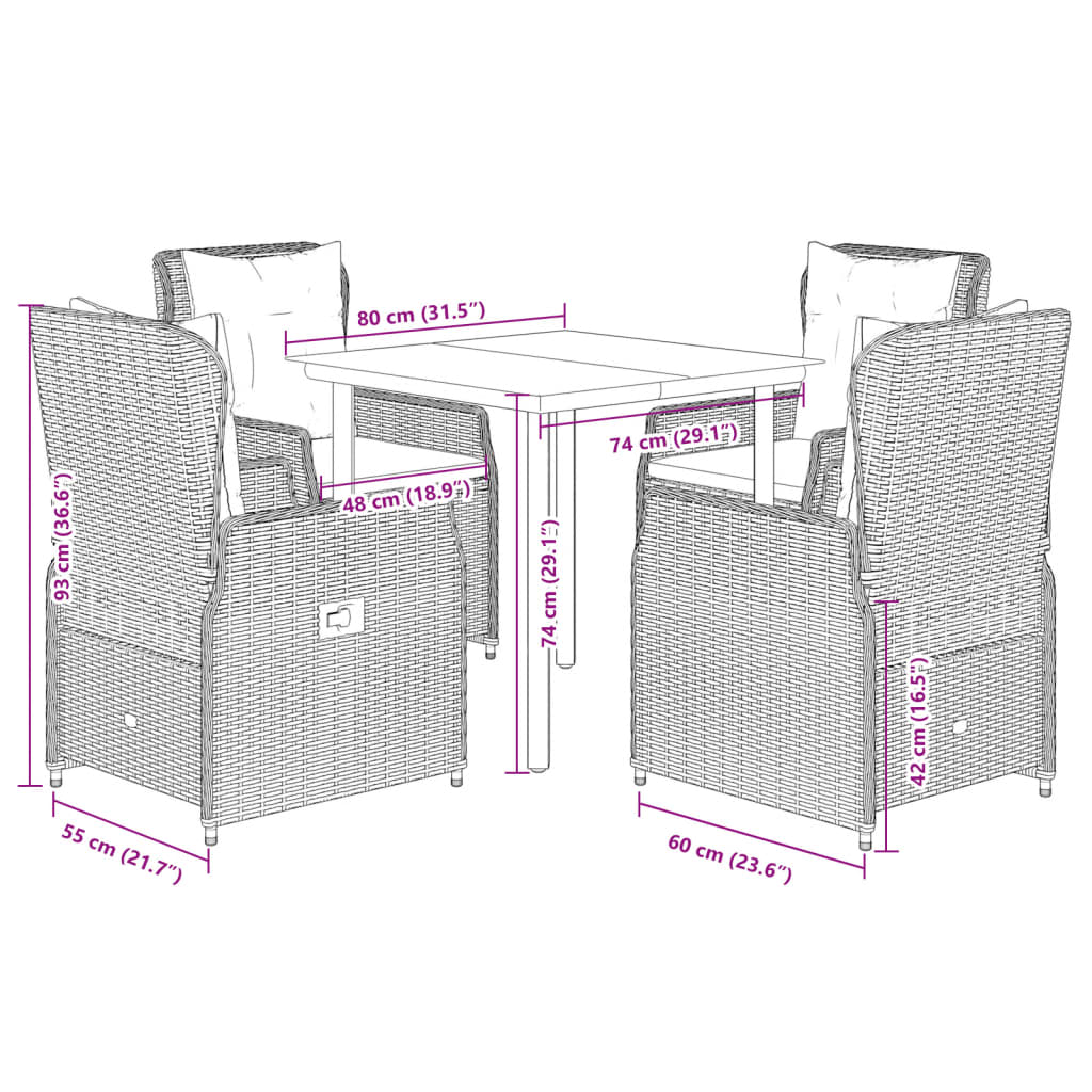 5 pcs conjunto de jantar p/ jardim com almofadões vime PE bege